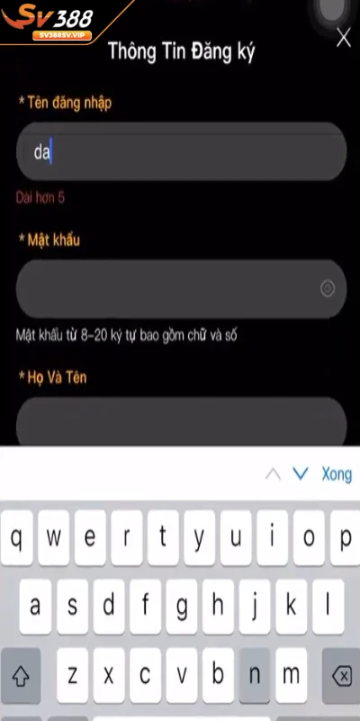 Sau khi nhấn đăng ký màn hình điện thoại hiển thị biểu mẫu 